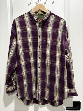 Vintage Adirondack Men's Plaid Button-Down Shirt in Plum and Cream
